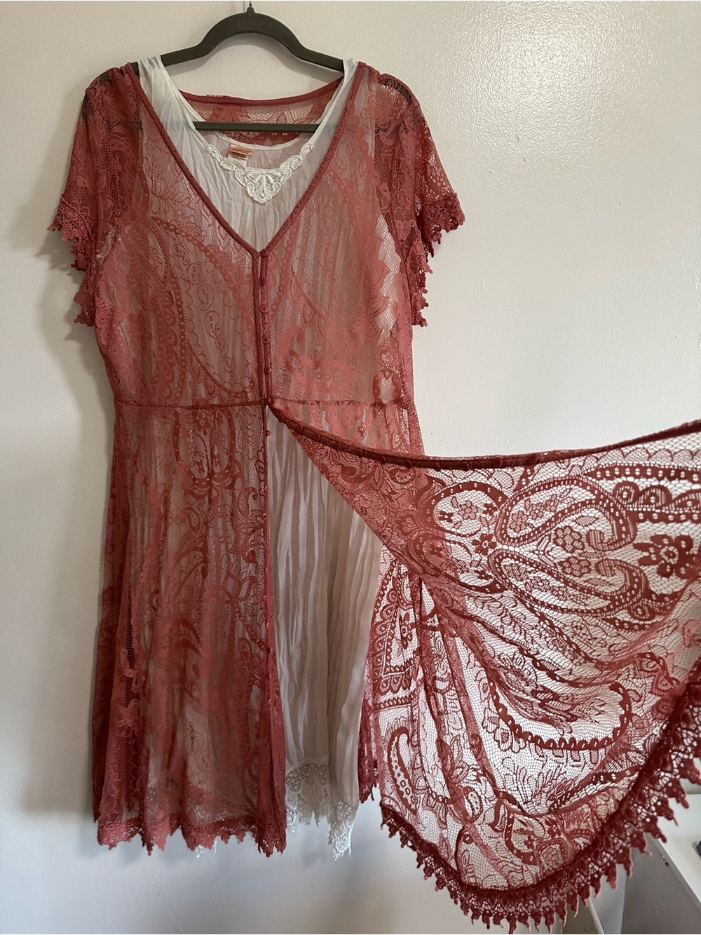 Vintage Cottage-Core  Layered Lace Dress and Slip, Semi-Sheer, L/XL